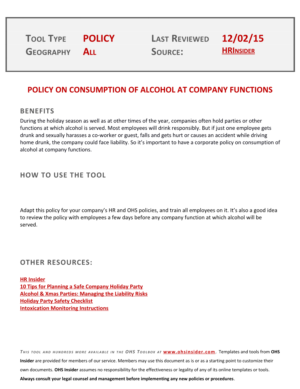 Policy on Consumption of Alcohol at Company Functions