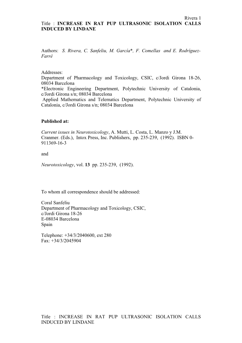 Title : INCREASE in RAT PUP ULTRASONIC ISOLATION CALLS INDUCED by LINDANE