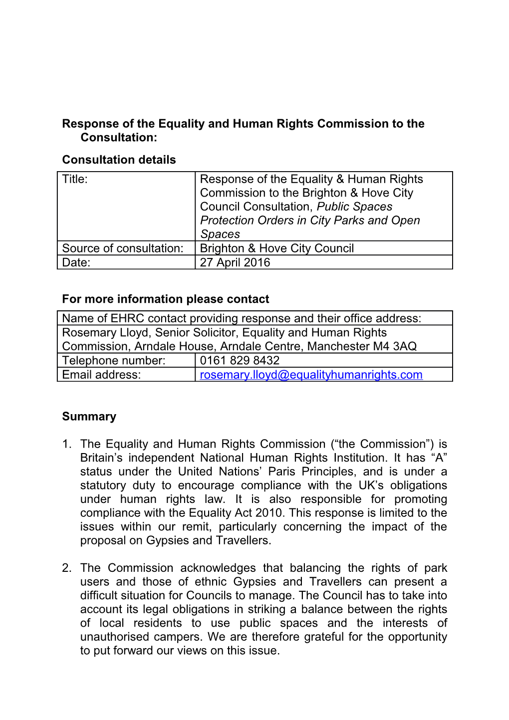 Response of the Equality and Human Rights Commission to the Consultation