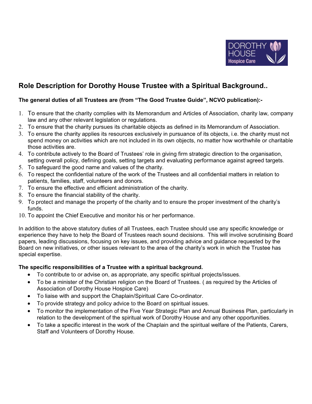 Role Description for Dorothy House Trustee with a Spiritual Background