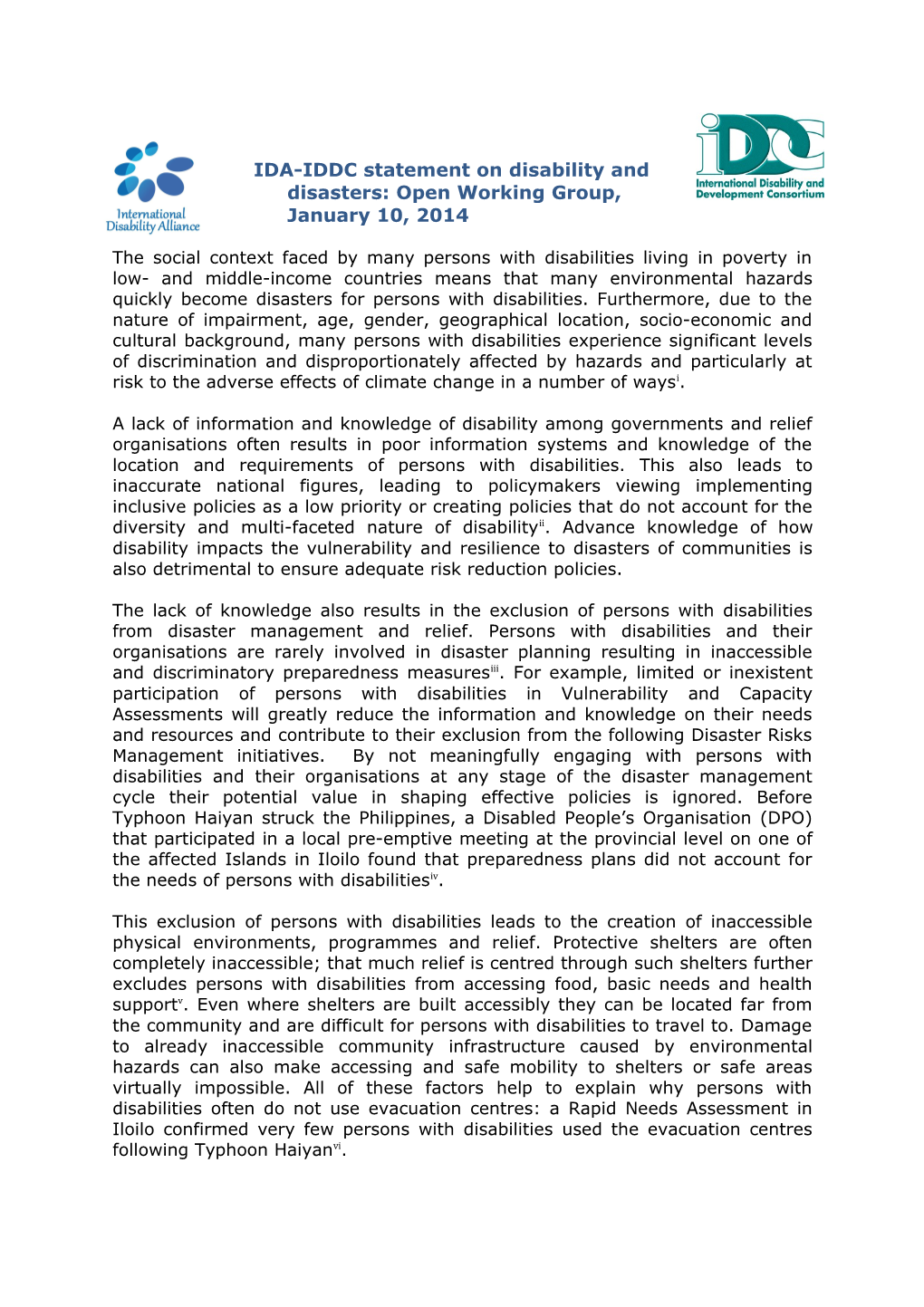 IDA-IDDC Statement on Disability and Disasters: Open Working Group, January 10, 2014