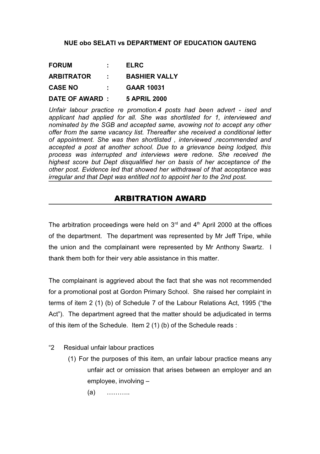 NATIONAL UNION of EDUCATORS Obo Ms M M SELATI Vs GAUTENG DEPARTMENT of EDUCATION