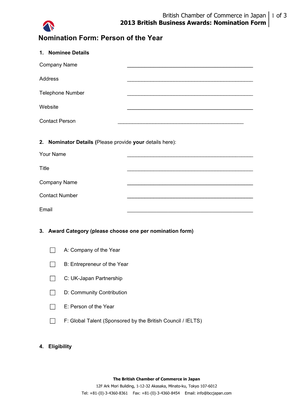 2013 British Business Awards: Nomination Form