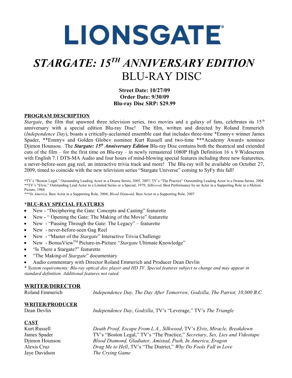 Stargate: 15Thanniversary Edition Blu-Ray Disc