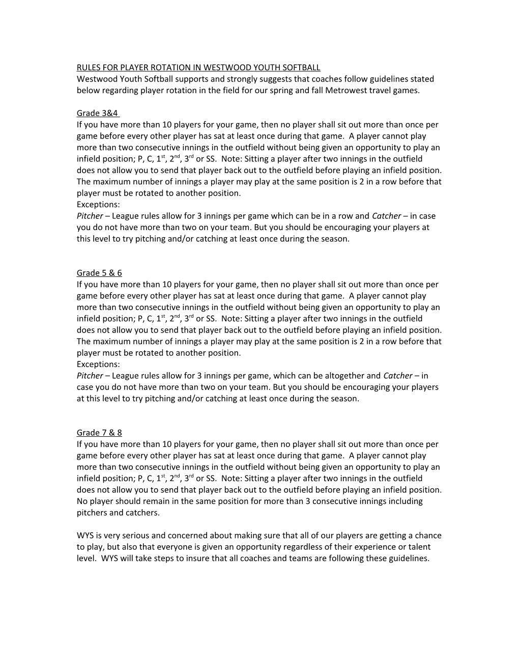 Rules for Player Rotation in Westwood Youth Softball