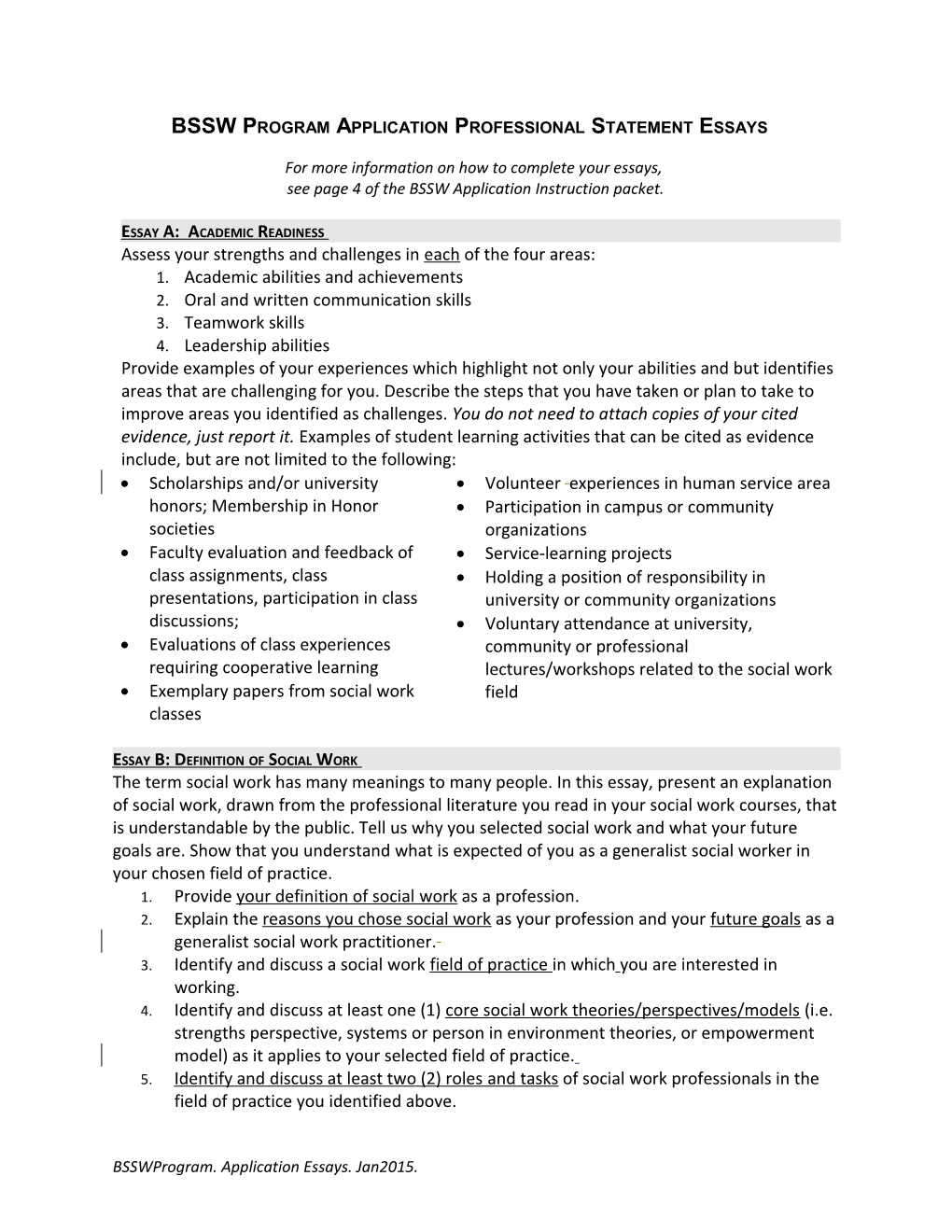 BSSW Program Application Professional Statement Essays