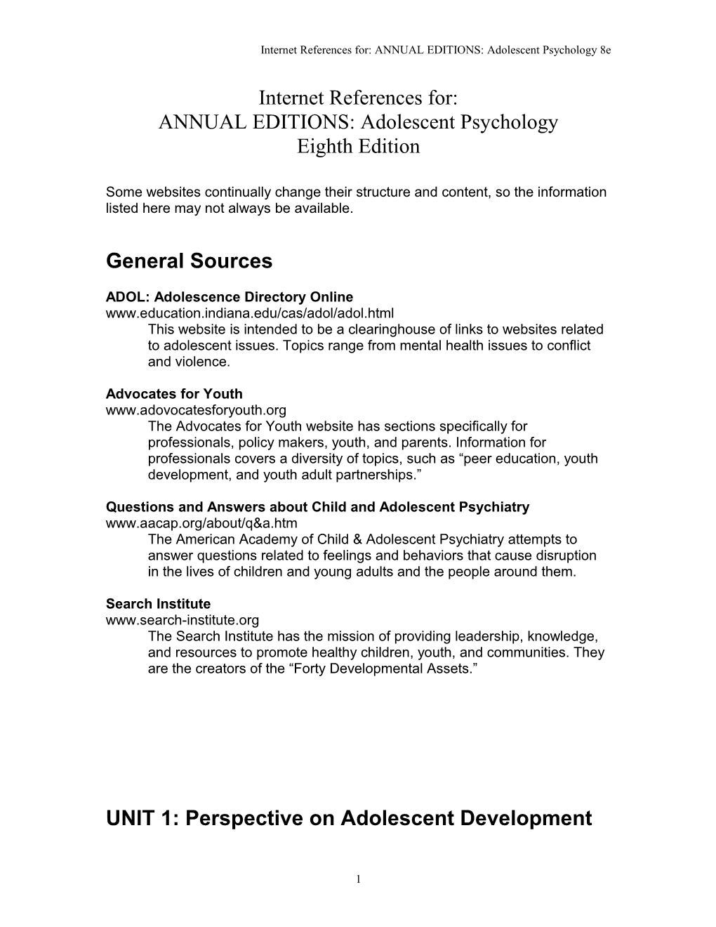 Internet References For: ANNUAL EDITIONS: Adolescent Psychology 8E
