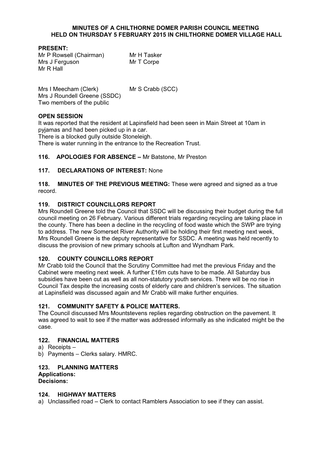 Minutes of Chilthorne Domer Parish Council Meeting