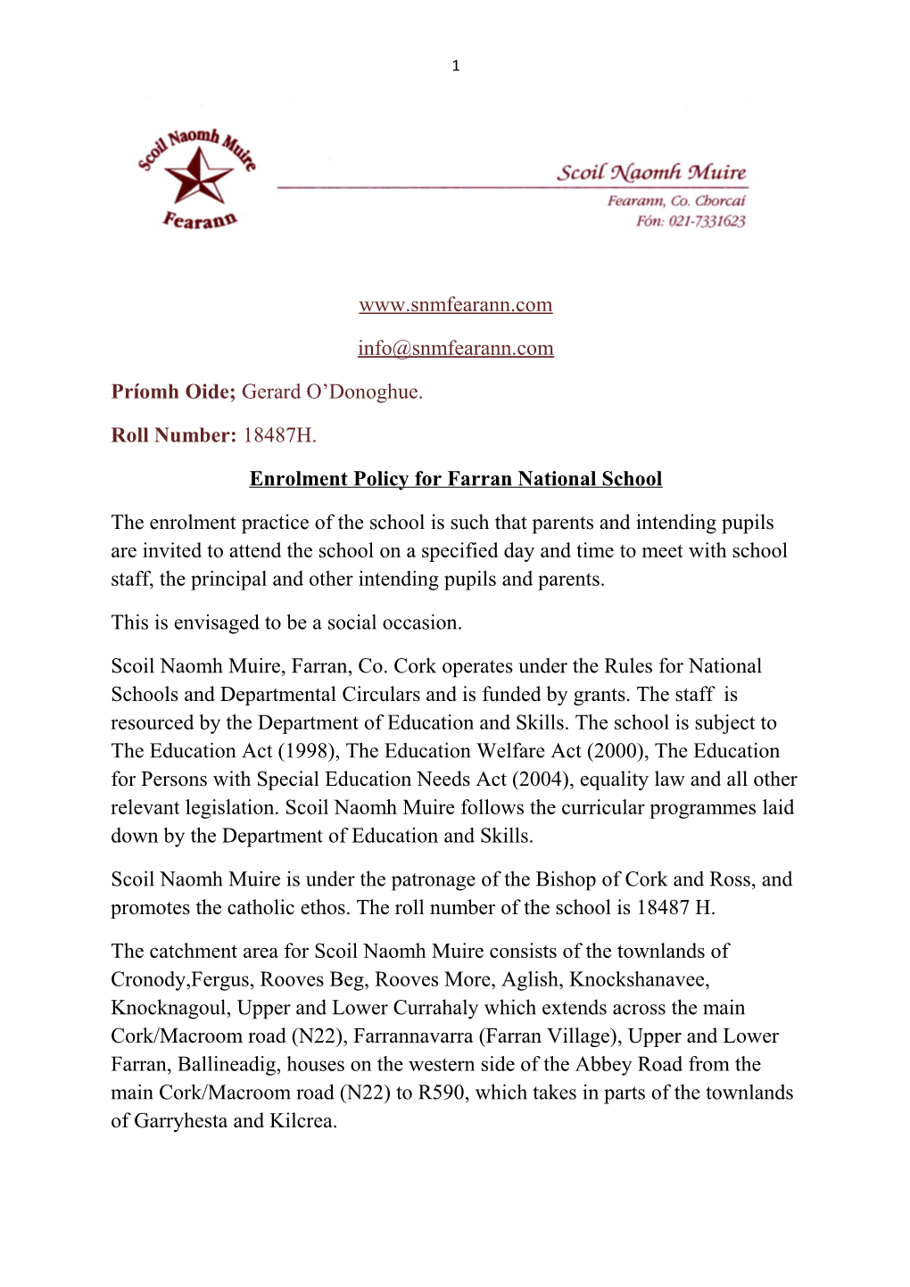 Enrolment Policy for Farran National School