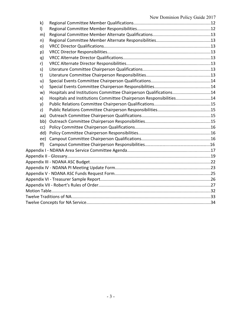 2008 NDANA Policy Handbook / Table of Contents