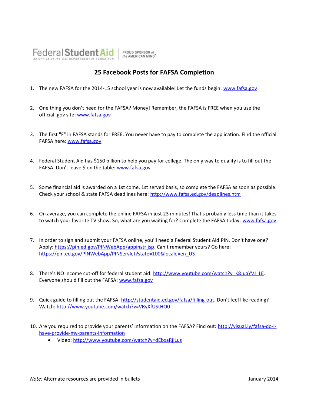 25 Facebook Posts for FAFSA Completion