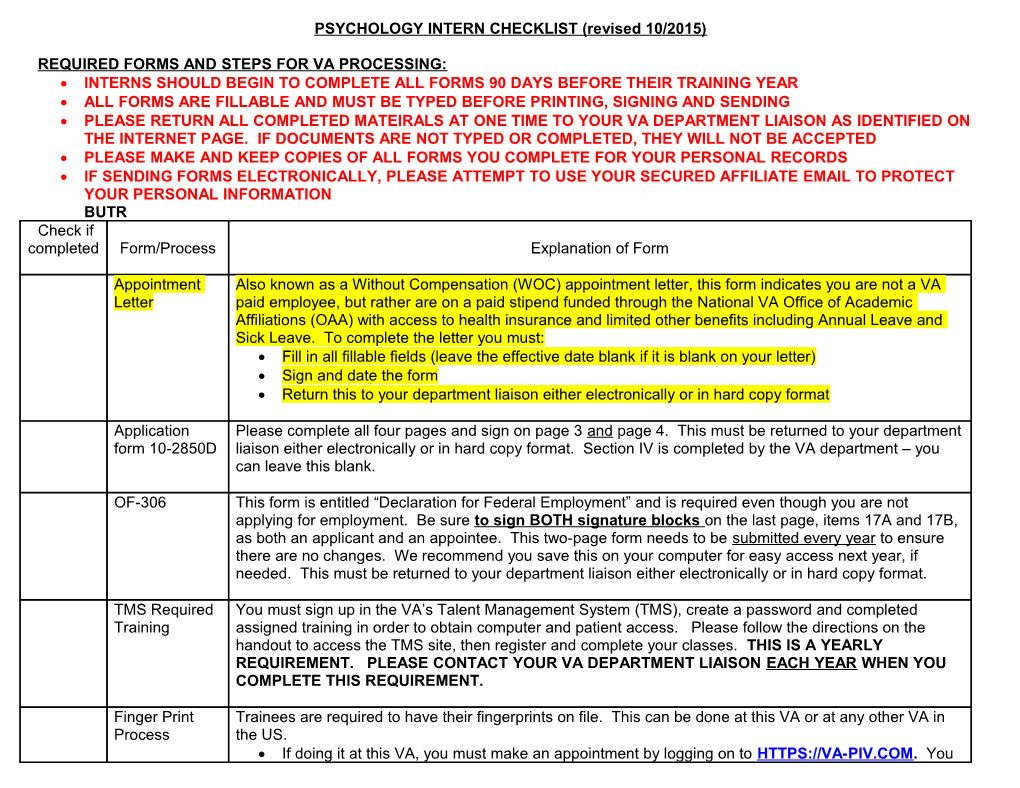 PSYCHOLOGY INTERN CHECKLIST (Revised 10/2015)