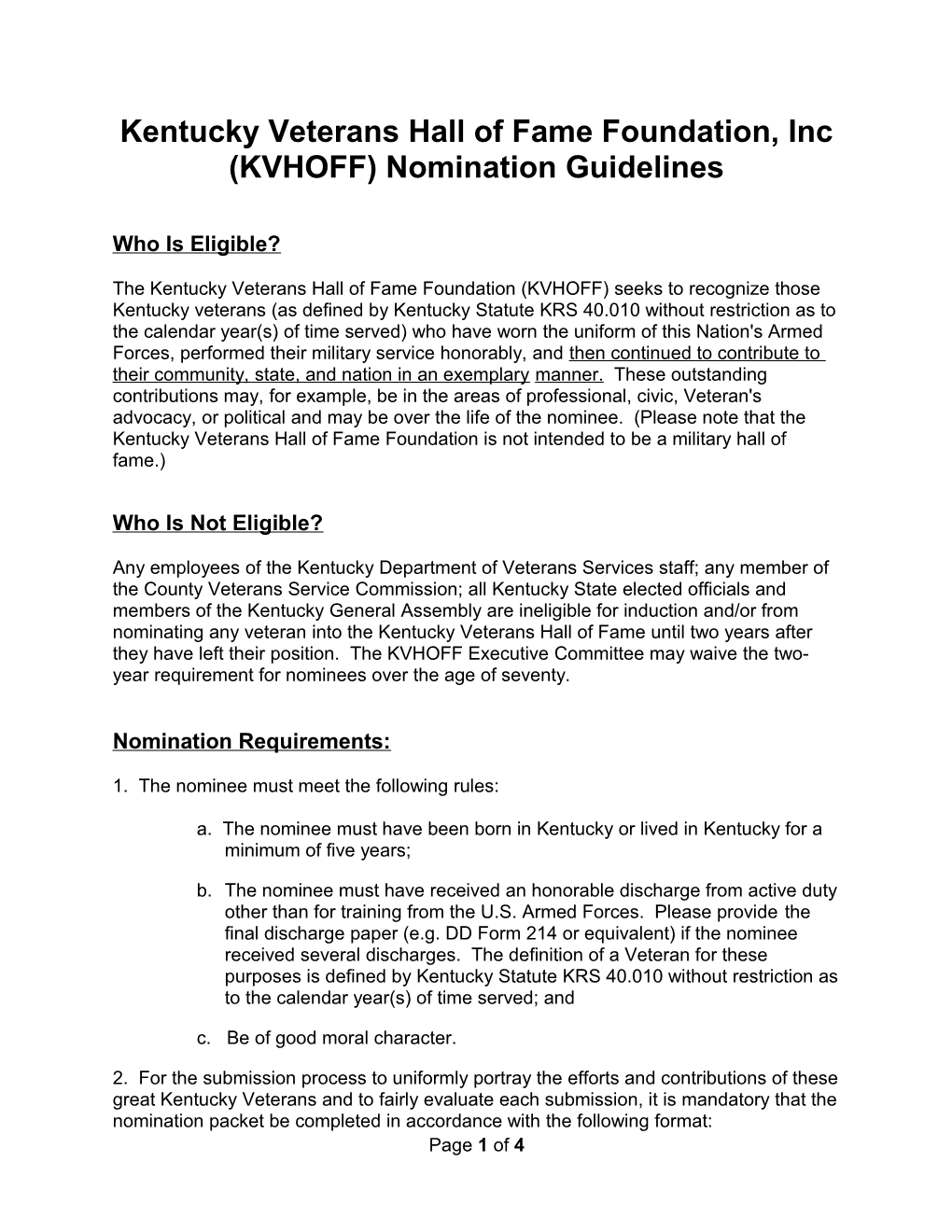Kentucky Veterans Hall of Fame Foundation, Inc (KVHOFF) Nomination Guidelines