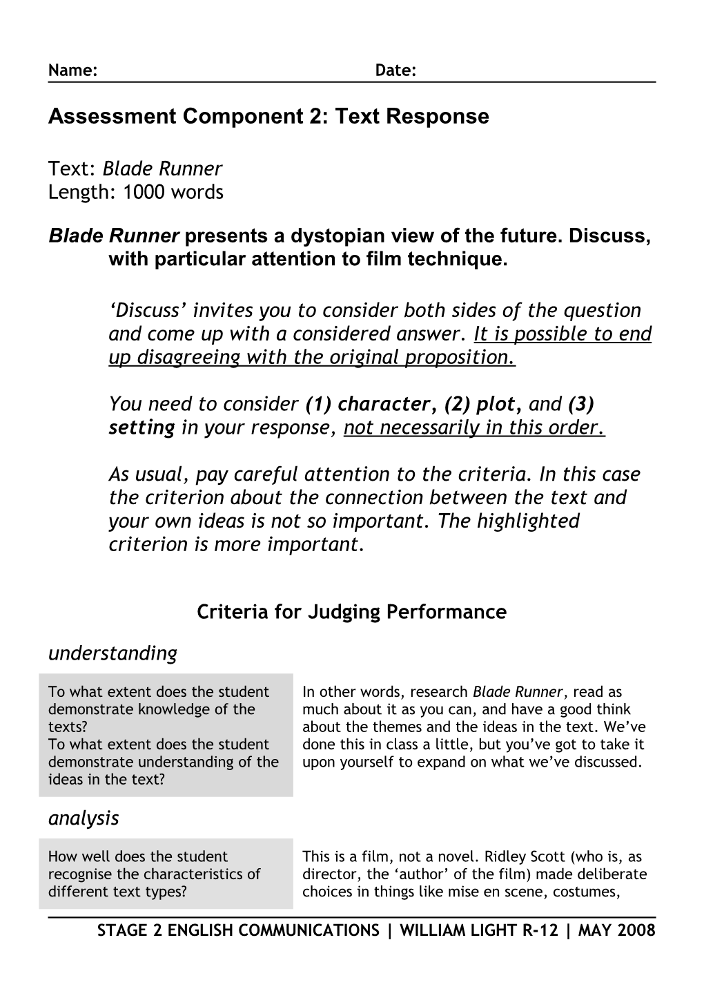 Assessment Component 2: Text Response