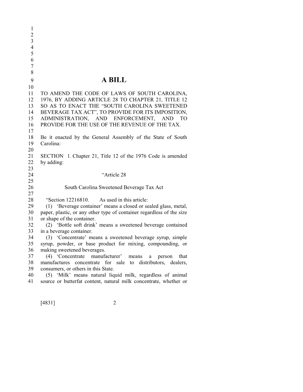 2009-2010 Bill 4831: Sweetened Beverage Tax Act - South Carolina Legislature Online