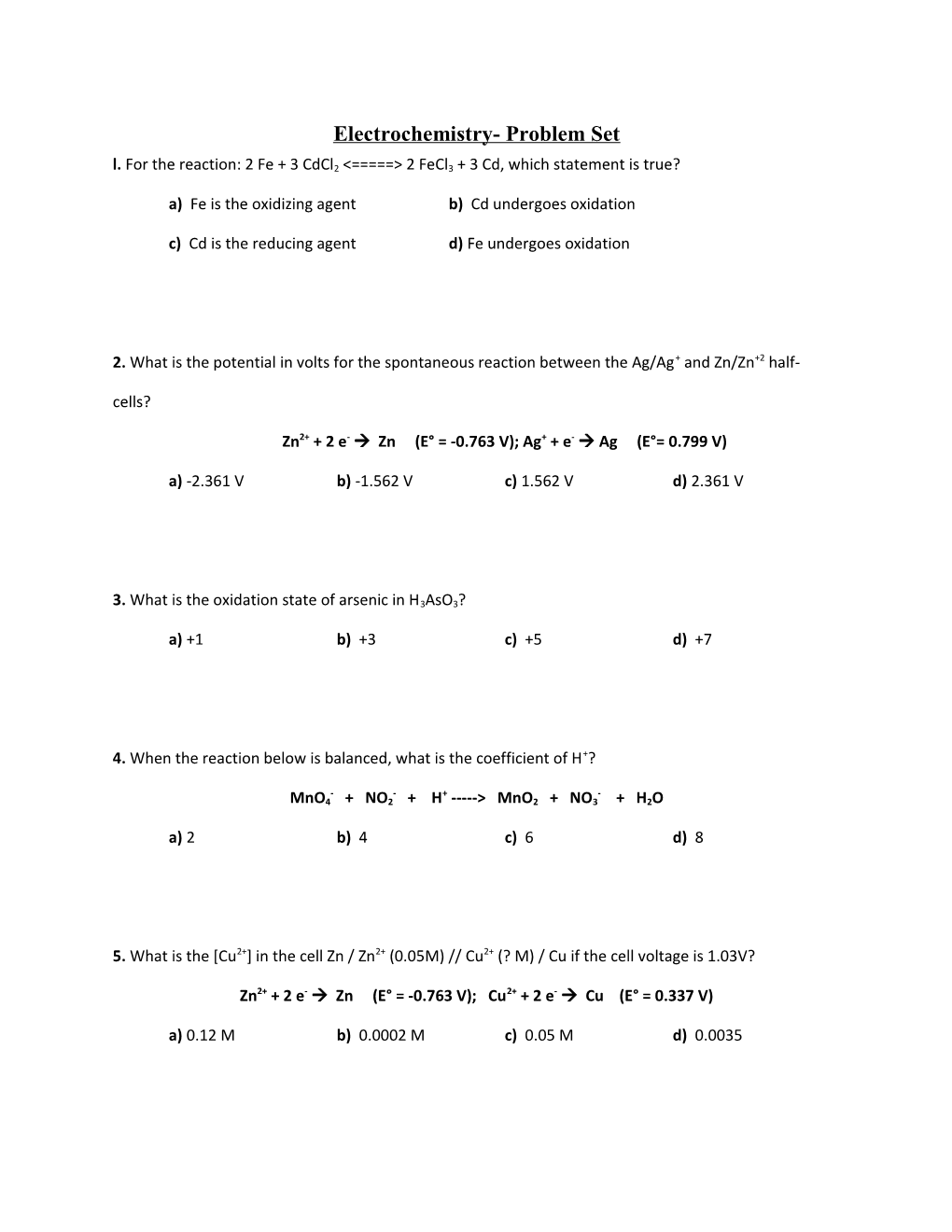 Electrochemistry- Problem Set