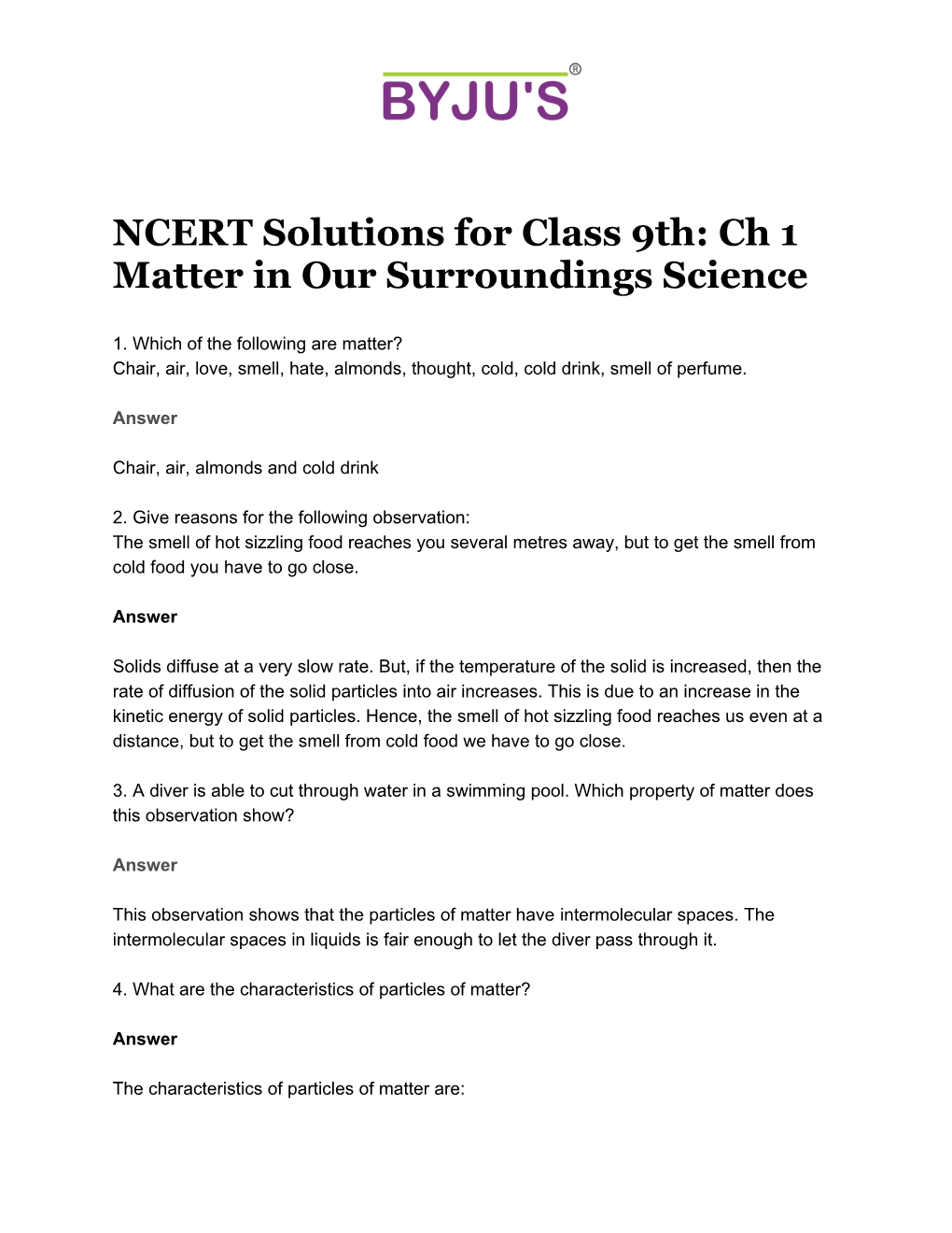 NCERT Solutions for Class 9Th: Ch 1 Matter in Our Surroundings Science