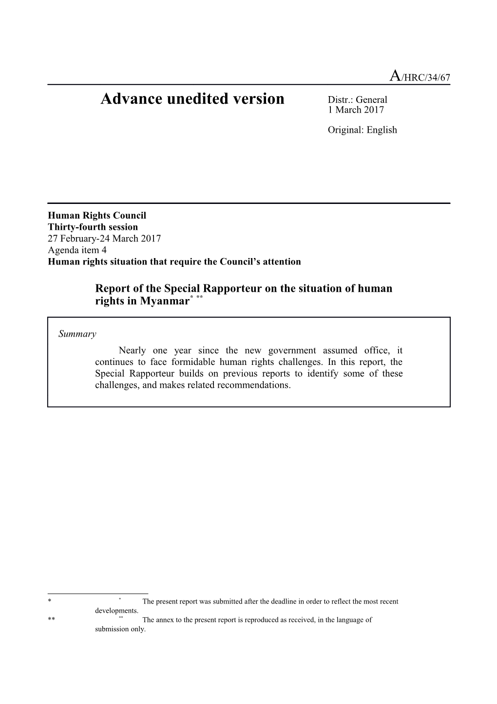 Report of the Special Rapporteur on the Situation of Human Rights in Myanmar, A/HRC/34/67