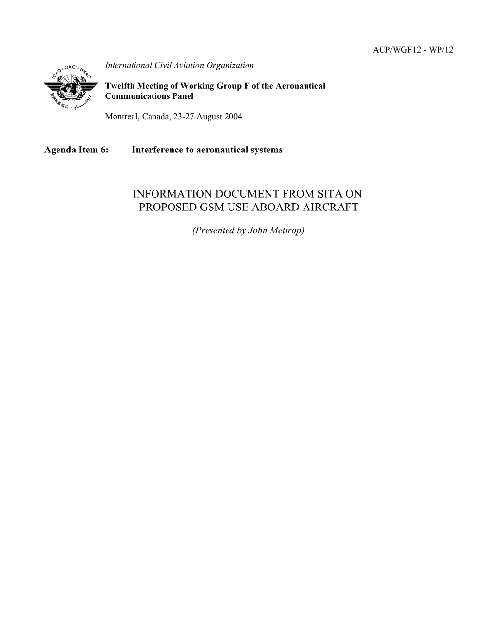 Information Document from SITA on Proposed GSM Use Aboard Aircraft