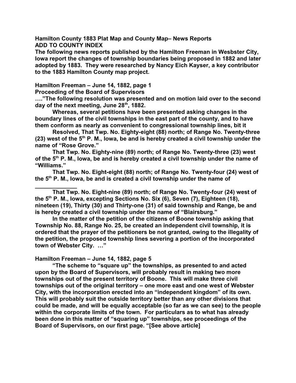 Hamilton County 1883 Plat Map and County Map News Reports