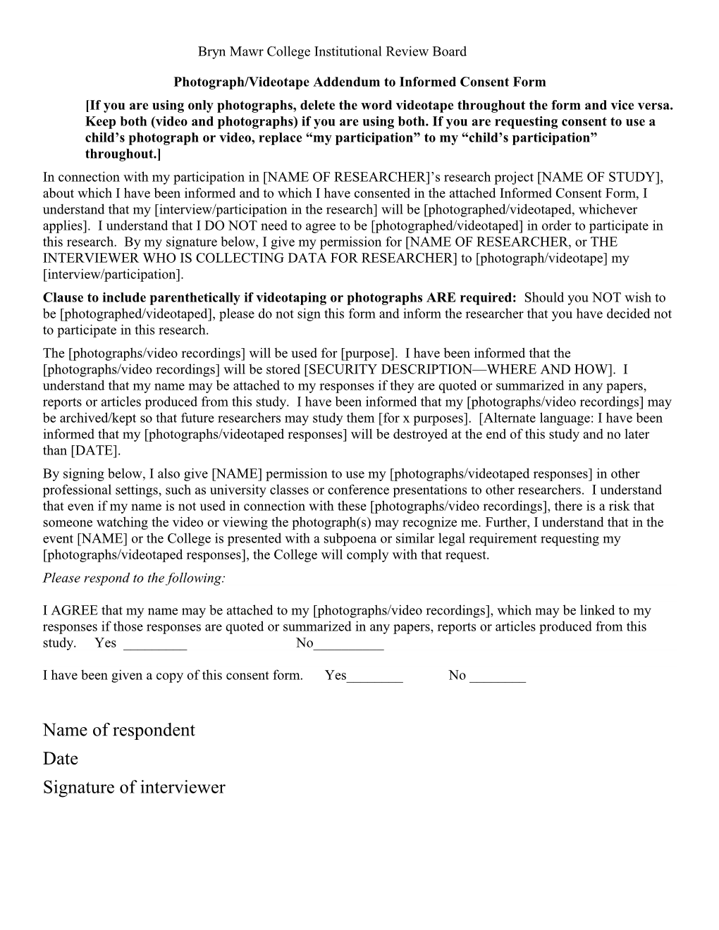 Photograph/Videotape Addendum to Informed Consent Form