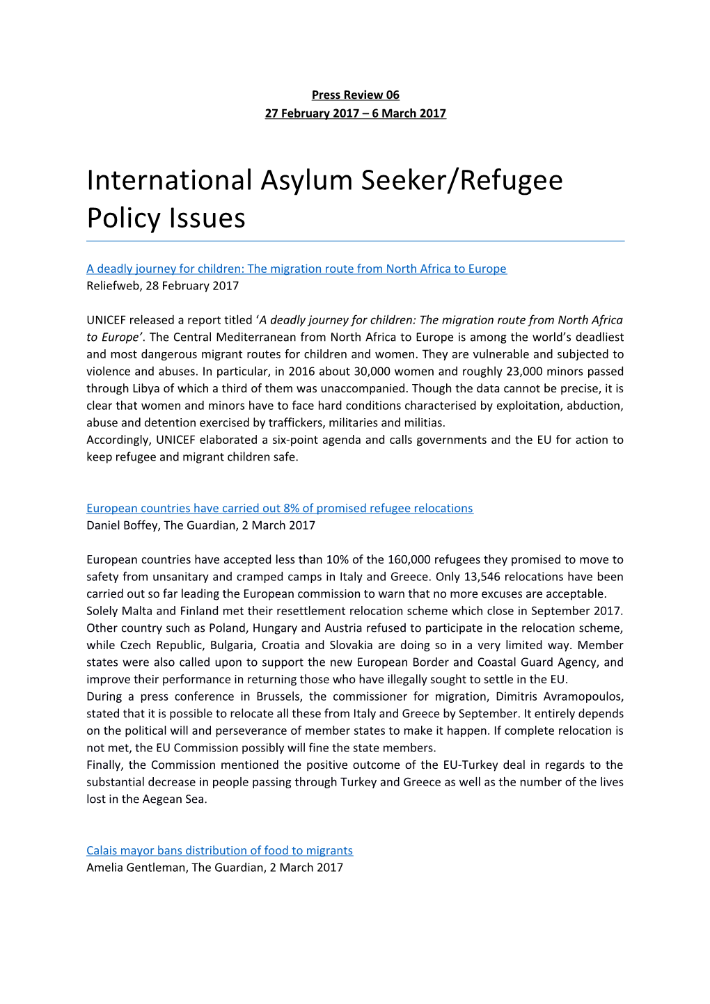 International Asylum Seeker/Refugee Policy Issues