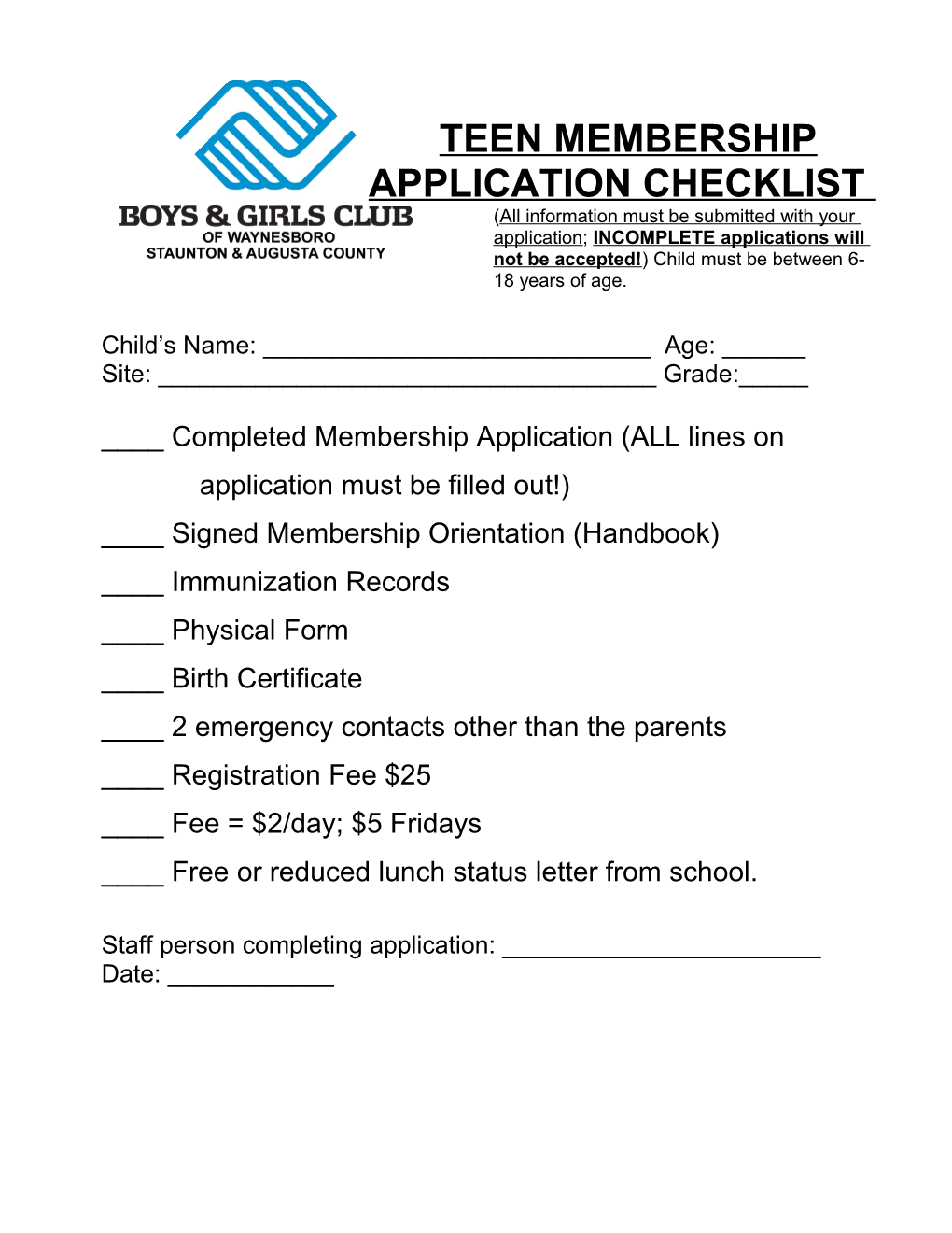 Teen Membership Application Checklist