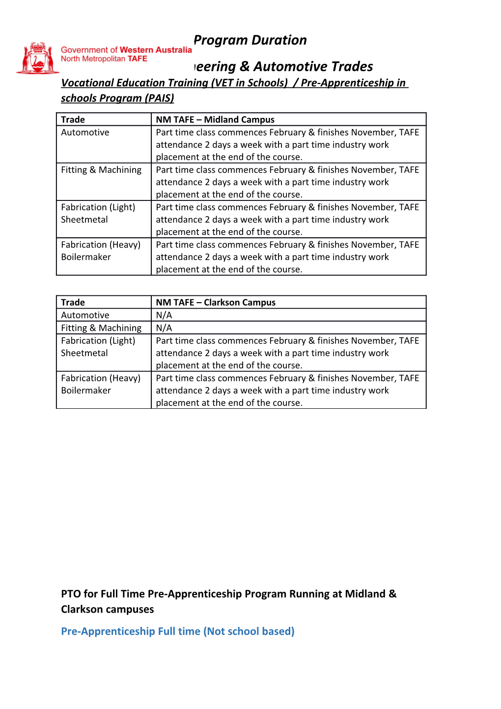 Vocational Education Training (VET in Schools) /Pre-Apprenticeship in Schools Program (PAIS)