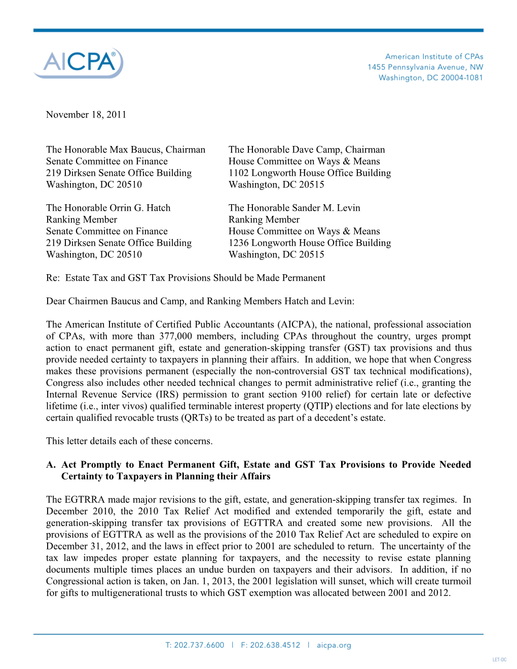 AICPA Letter to Congress on Estate Tax, Making Permanent GST Modifications, and QTIP Election