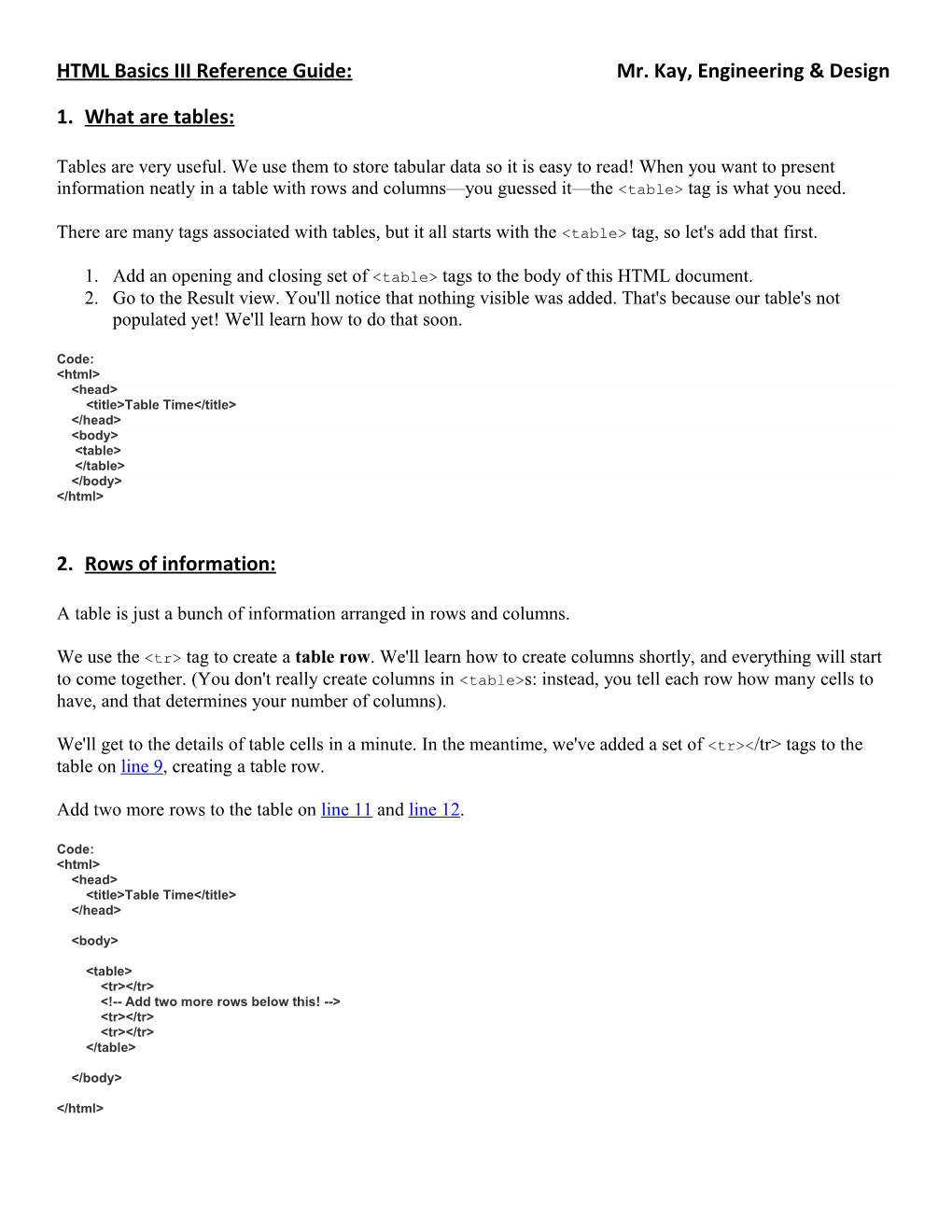 HTML Basics I & II Reference Guide