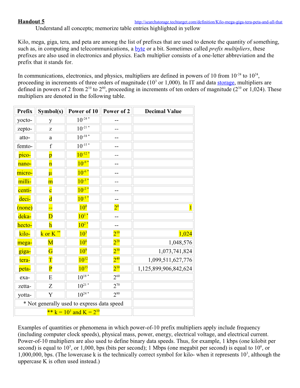 Handout 5 Understand All Concepts; Memorize Table Entries Highlighted in Yellow