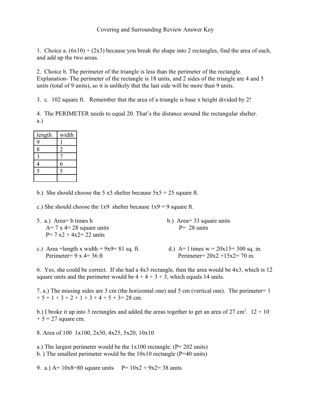 Covering and Surrounding Review Answer Key