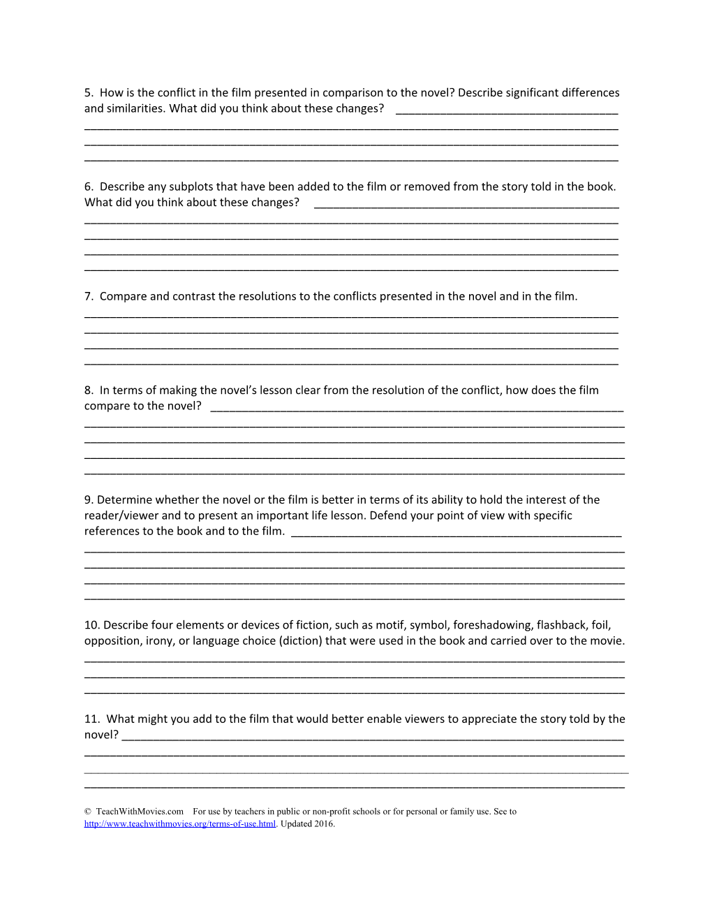 Film Study Worksheet for Adaptations from Novels Name______Period ____
