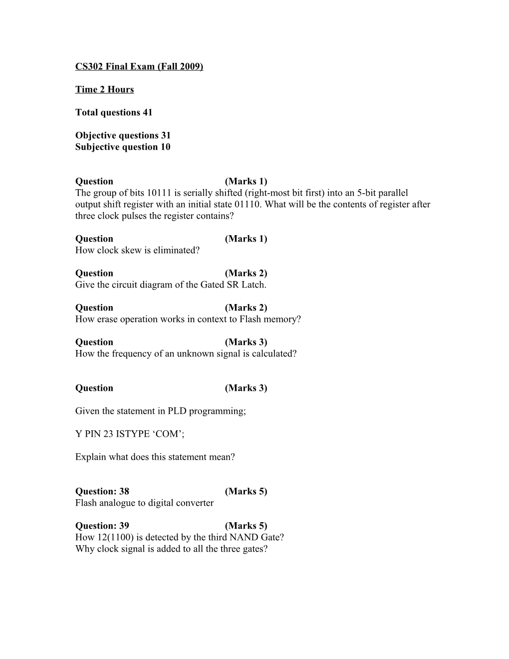 CS302 Final Exam (Fall 2009)
