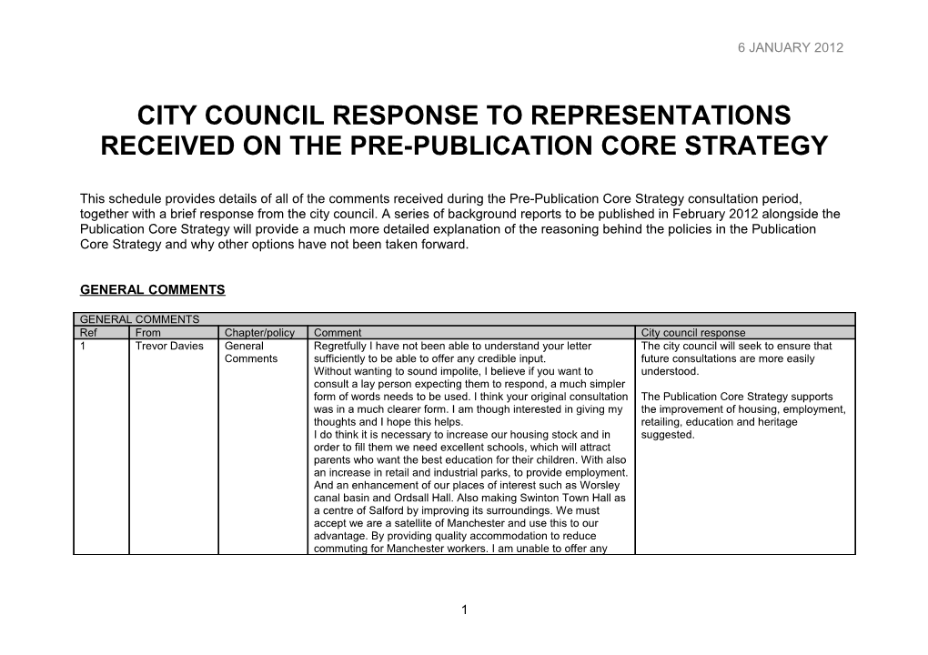 City Council Response to Representations Received on the Pre-Publication Core Strategy