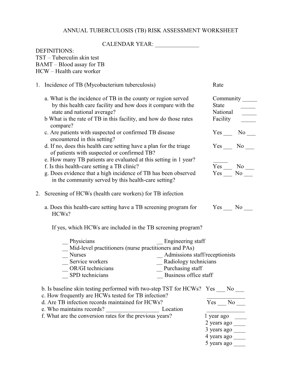 Tuberculosis Risk Assessment Workshee