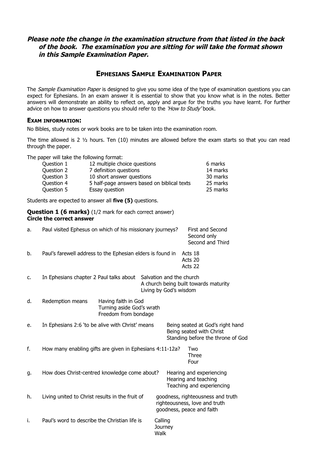 Ephesians Examination Questions Sample