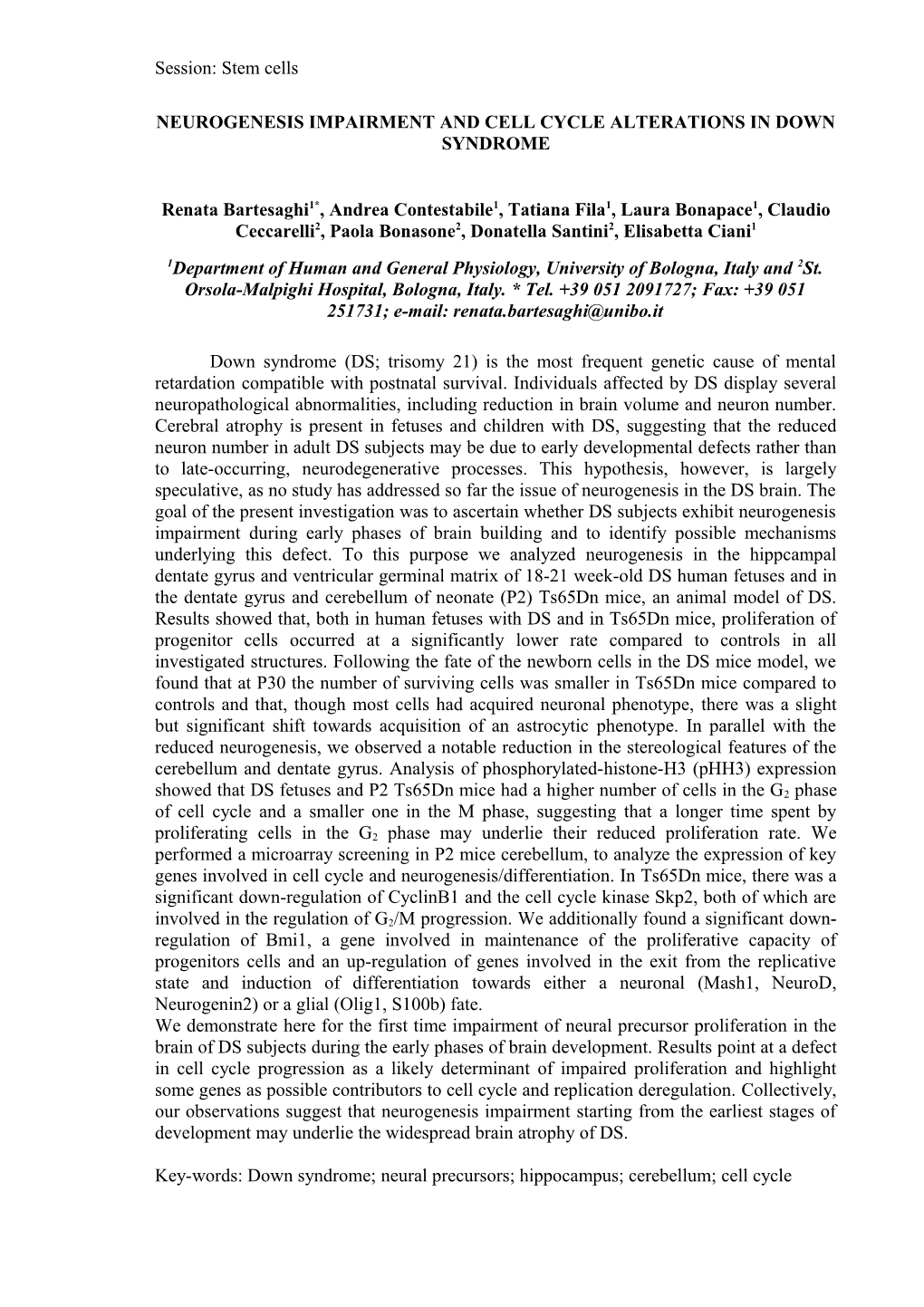 Neurogenesis Impairment and Cell Cycle Alterations in Fetal Down Syndrome and Ts65dn Mice Brain