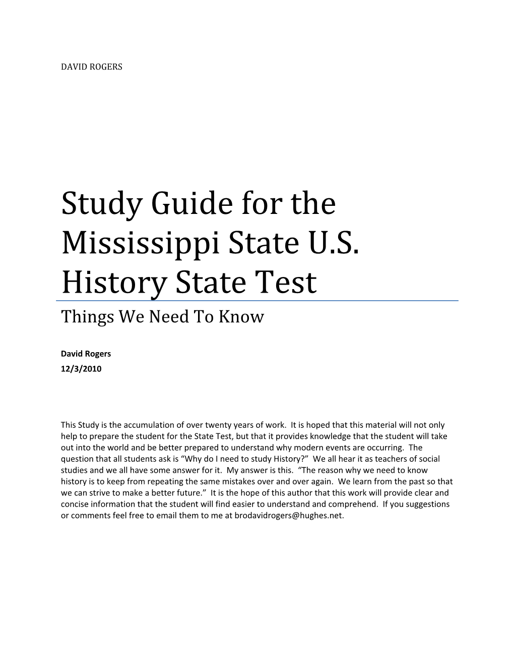 Study Guide for the Mississippi State U.S. History State Test