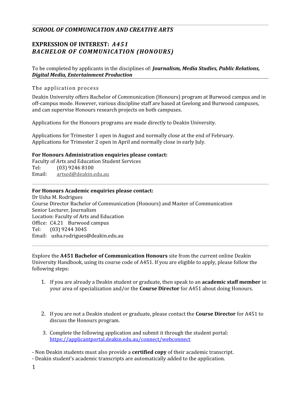 School of Communication and Creative Arts Expression of Interest: A451