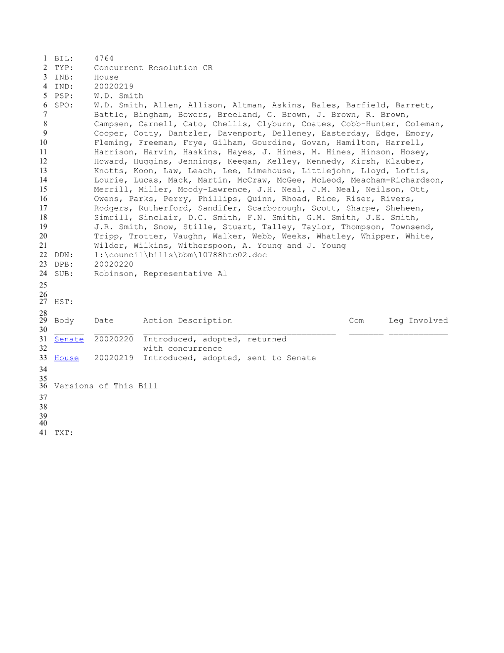 2001-2002 Bill 4764: Robinson, Representative Al - South Carolina Legislature Online