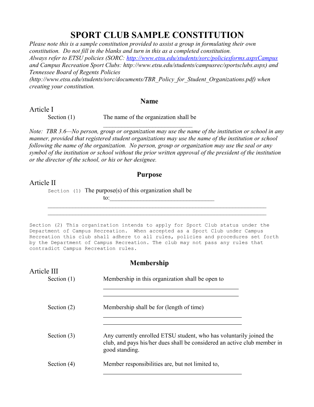 Sport Club Sample Constitution