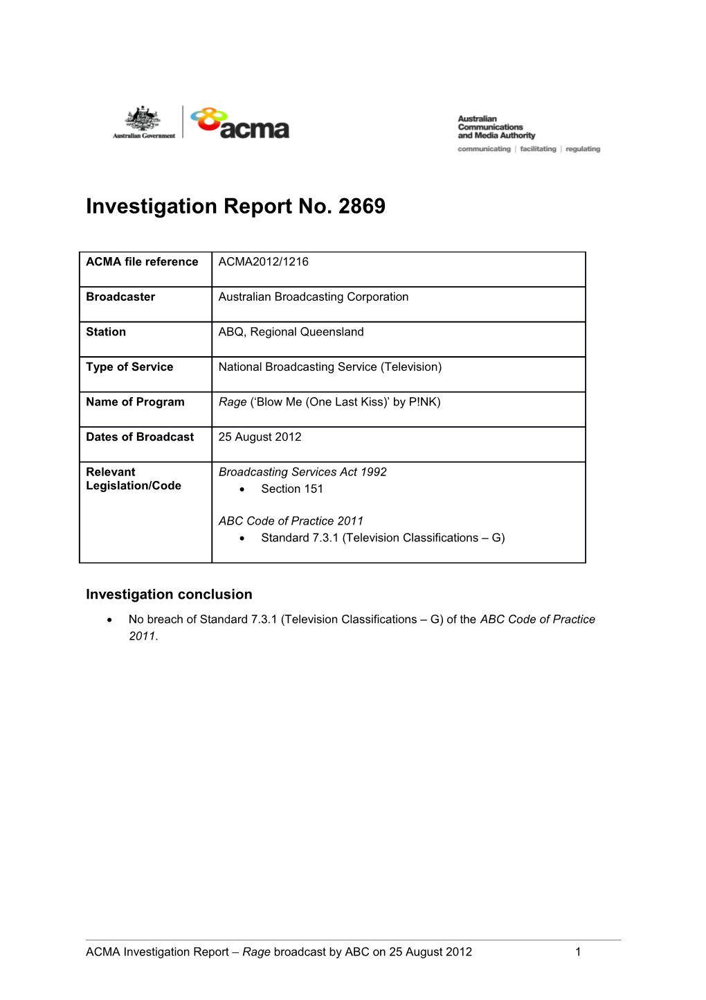 ABC (ABQ) - ACMA Investigation Report 2869