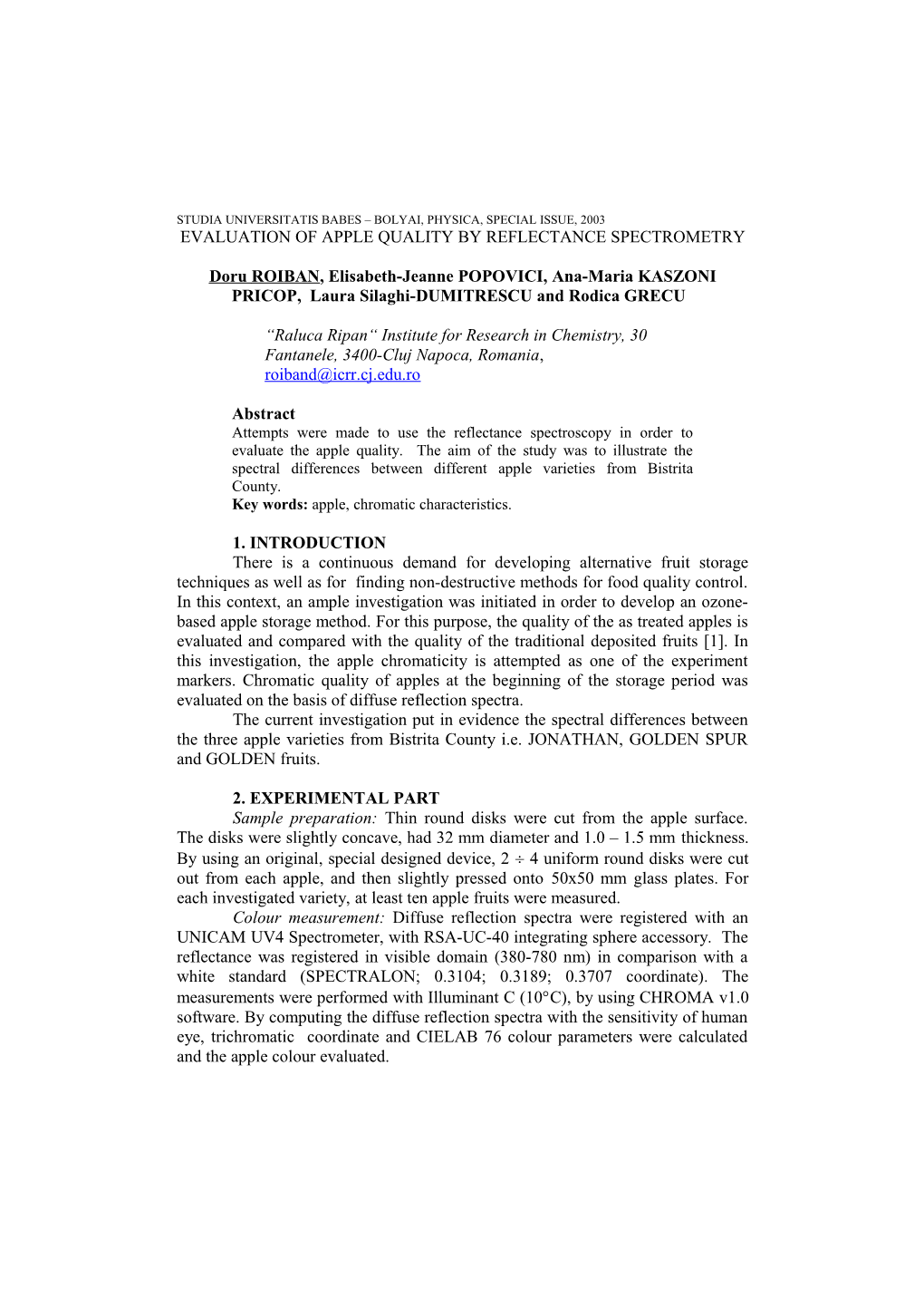 Evaluation of Apple Quality by Reflectance Spectrometry