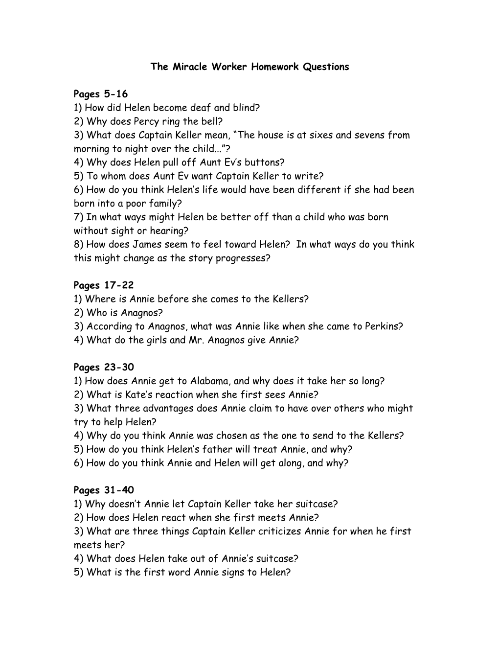 The Miracle Worker Homework Questions
