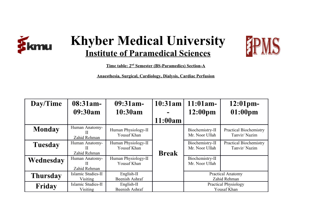 Time Table: 2Nd Semester (BS-Paramedics) Section-A