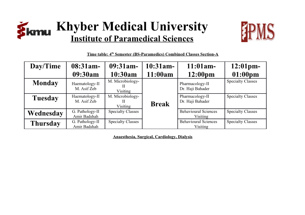 Time Table: 2Nd Semester (BS-Paramedics) Section-A