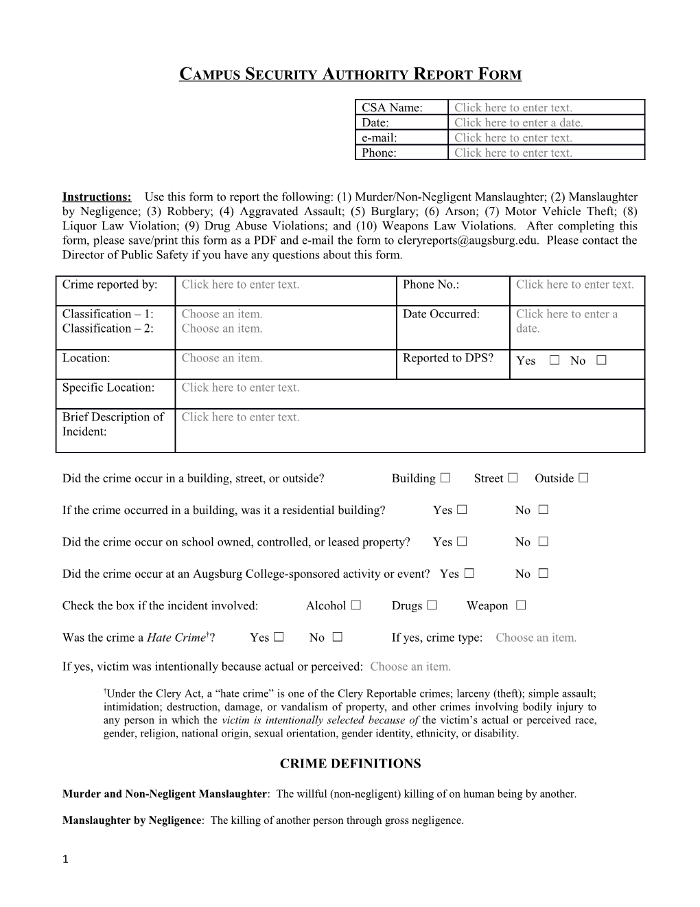 Campus Security Authority Report Form