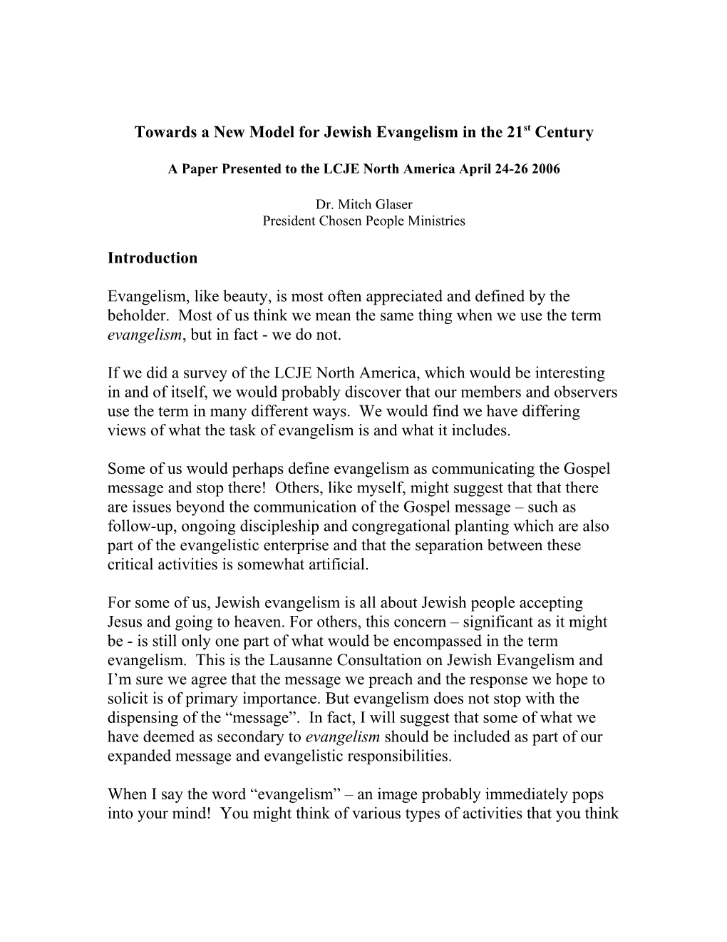 Towards a New Model for Jewish Evangelism in the 21St Century