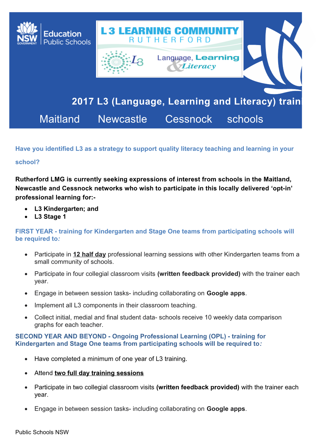 Rutherford LMG Is Currently Seeking Expressions of Interest from Schools in the Maitland